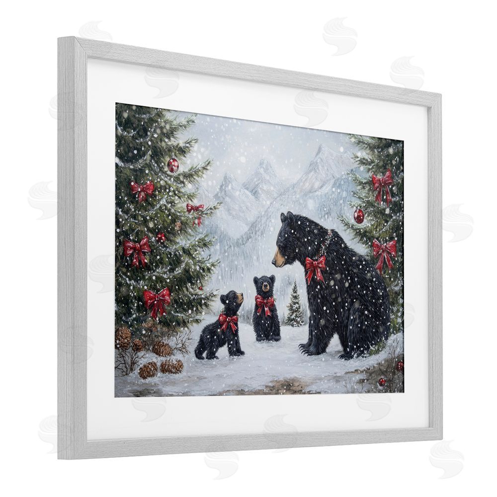 Tina LeCour Christmas Black Bears Gray Framed Print Under Glass Wall Art