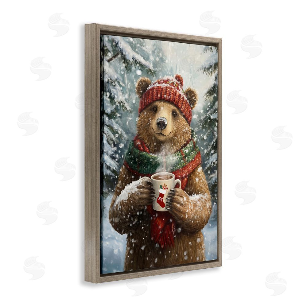 Tina LeCour Christmas Cocoa Bear Brown Floating Frame Canvas Wall Art Print