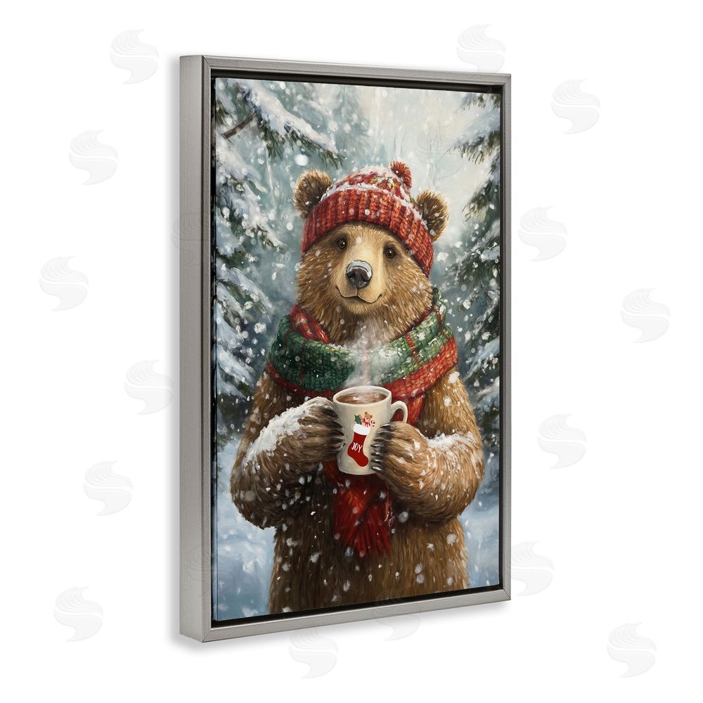 Tina LeCour Christmas Cocoa Bear Gray Floating Frame Canvas Wall Art Print