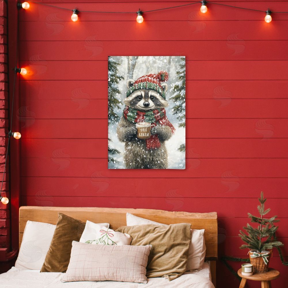 Tina LeCour Merry Cocoa Raccoon Stretched Canvas Wall Art in Room