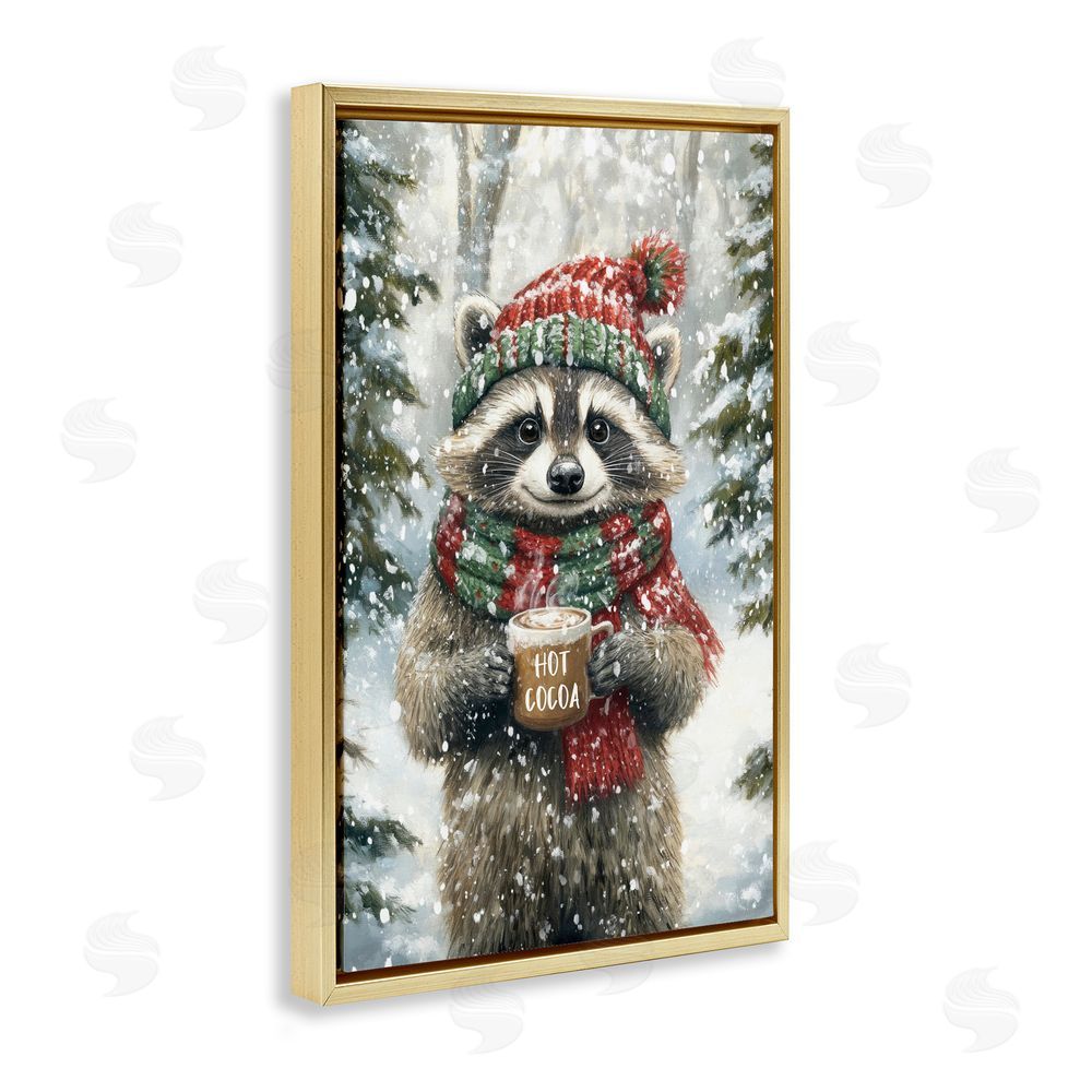 Tina LeCour Merry Cocoa Raccoon Gold Floating Frame Canvas Wall Art