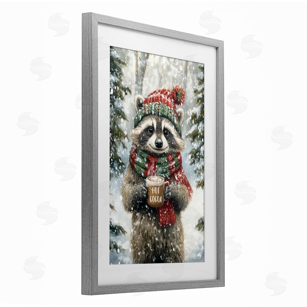 Tina LeCour Merry Cocoa Raccoon Gray Framed Print Under Glass with Mat Wall Art