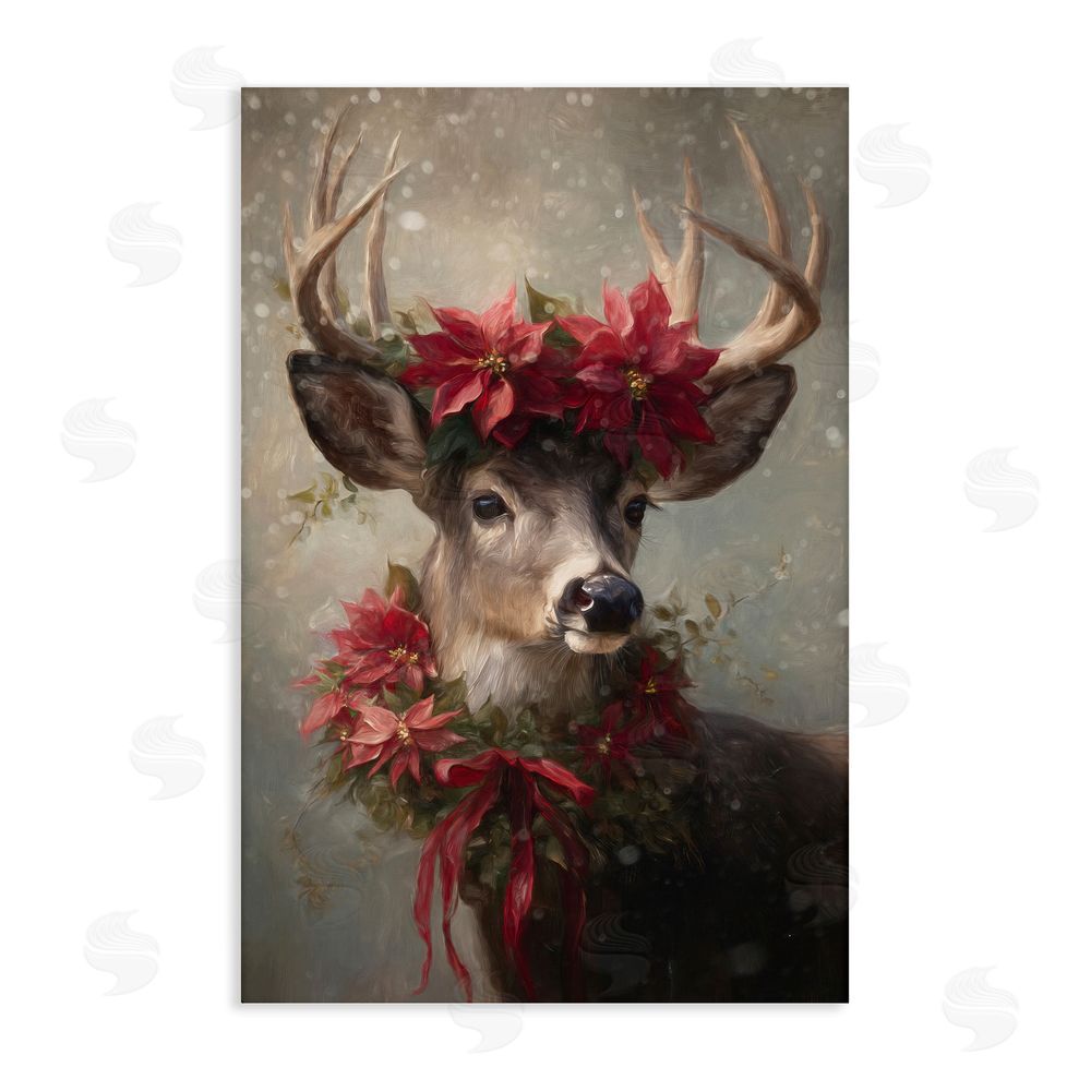 Tina LeCour Poinsettia Christmas Deer Stretched Canvas Wall Art Print