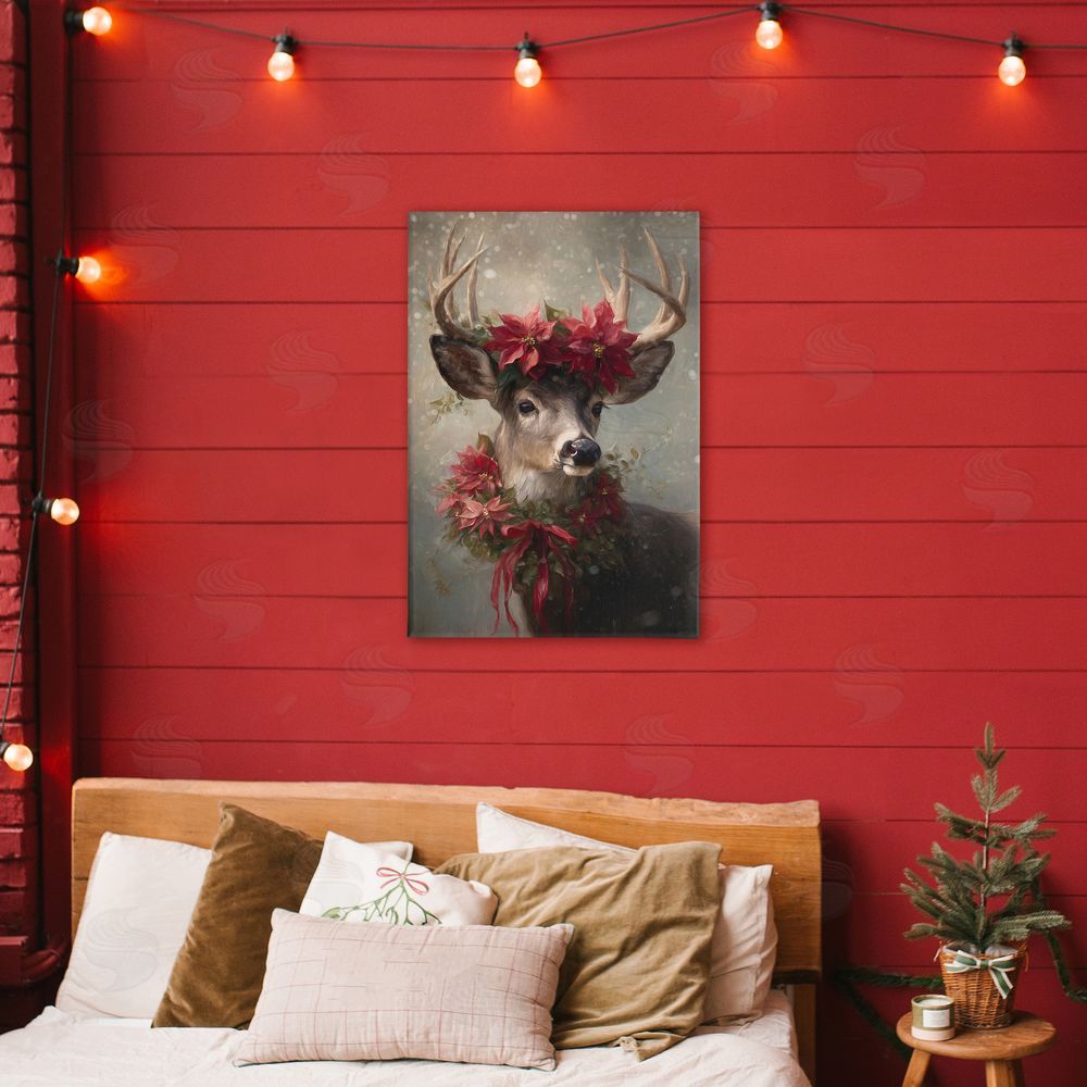 Tina LeCour Poinsettia Christmas Deer Stretched Canvas Wall Art Print in Room