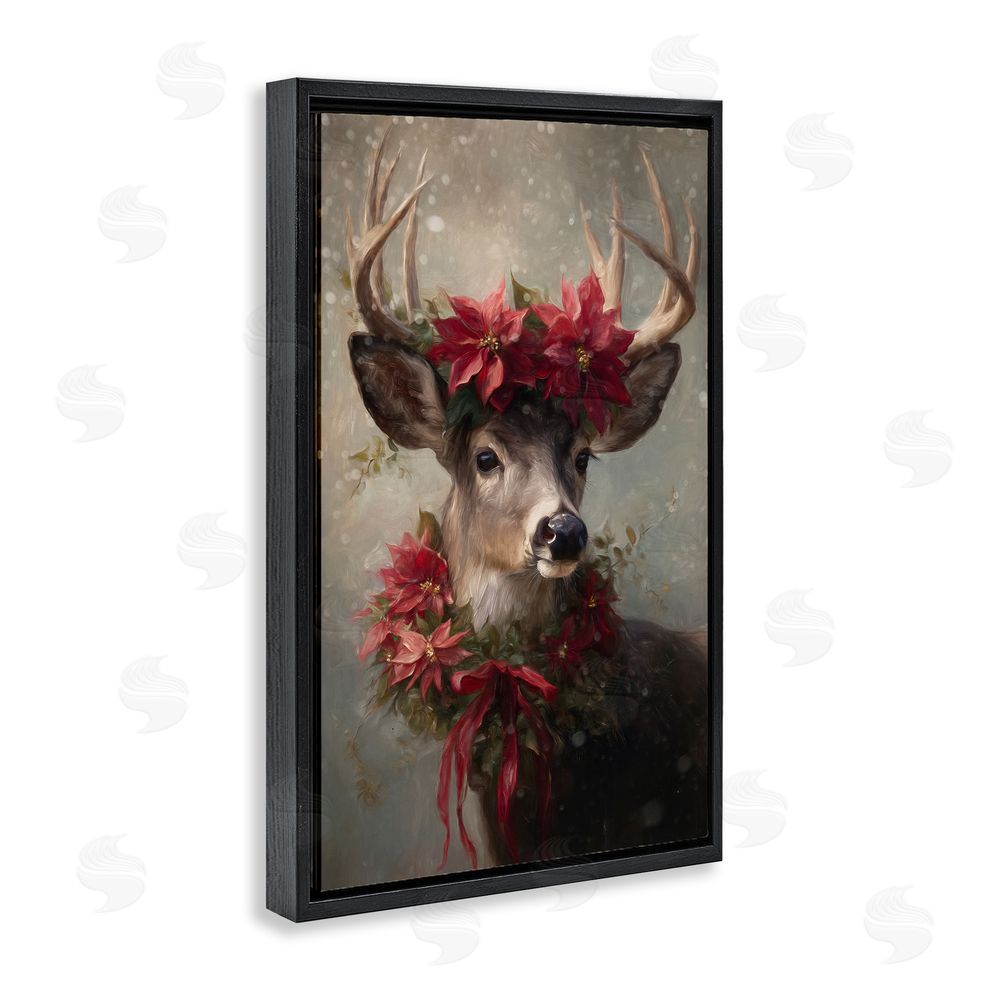 Tina LeCour Poinsettia Christmas Deer Black Floating Frame Canvas Wall Art Print