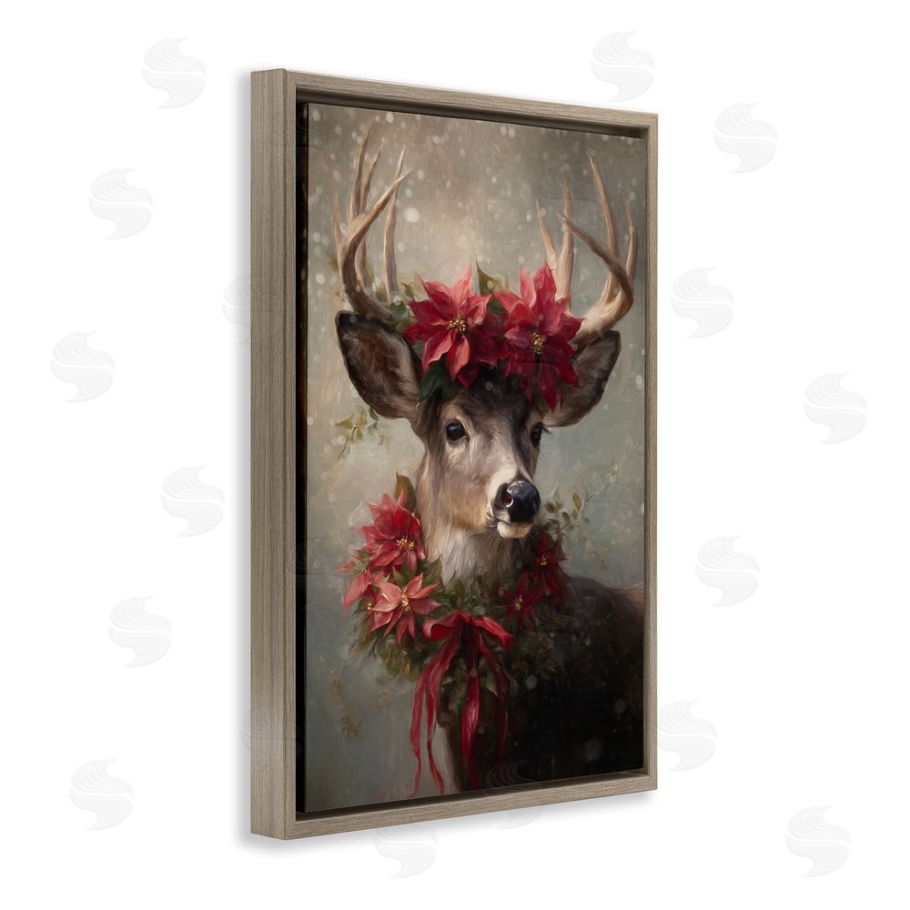 Tina LeCour Poinsettia Christmas Deer Brown Floating Frame Canvas Wall Art Print