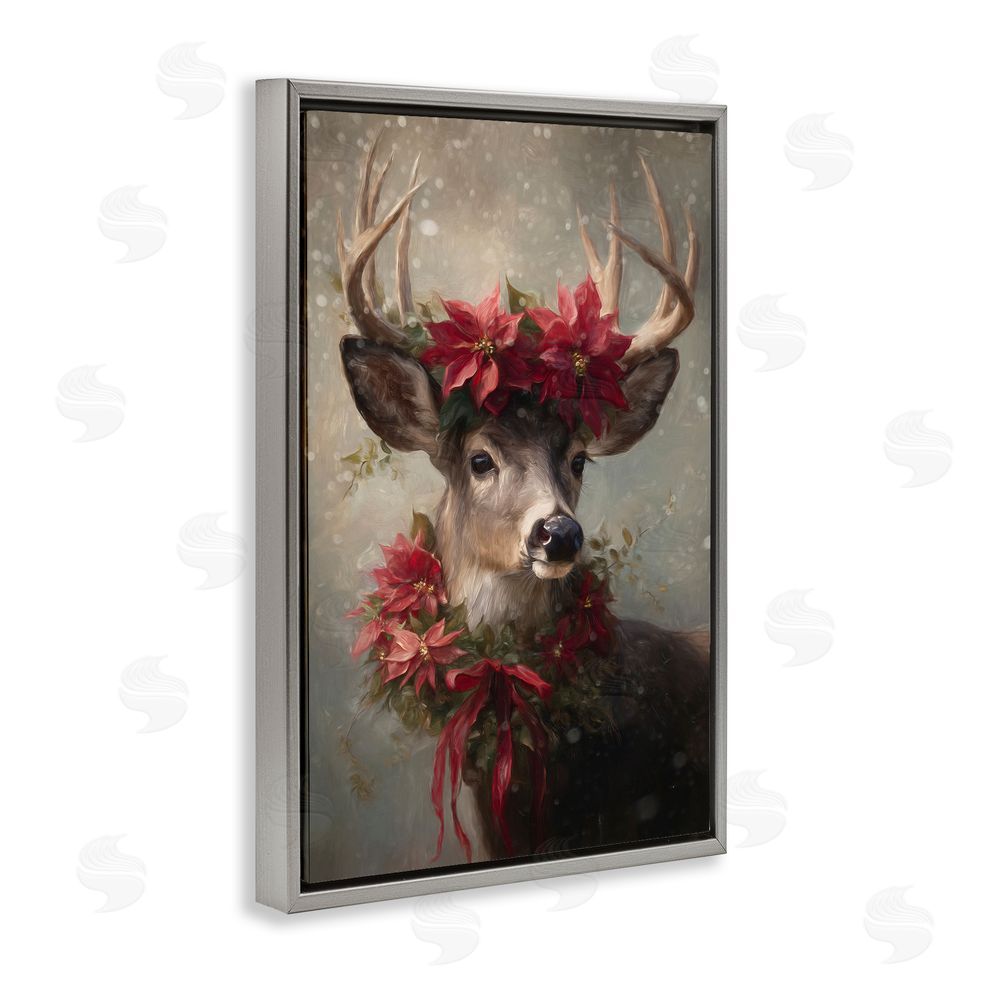 Tina LeCour Poinsettia Christmas Deer Gray Floating Frame Canvas Wall Art Print