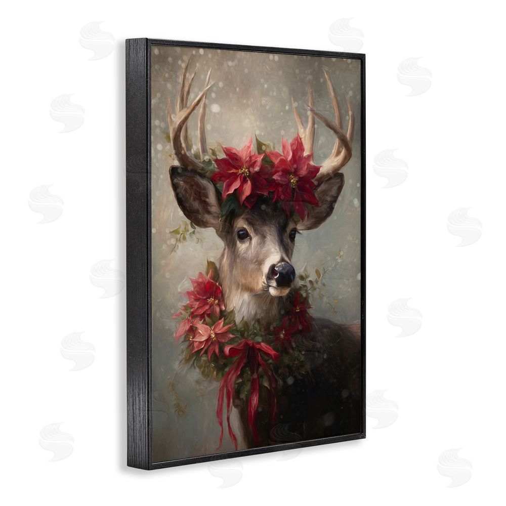 Tina LeCour Poinsettia Christmas Deer Black Framed Giclee Wall Art Print
