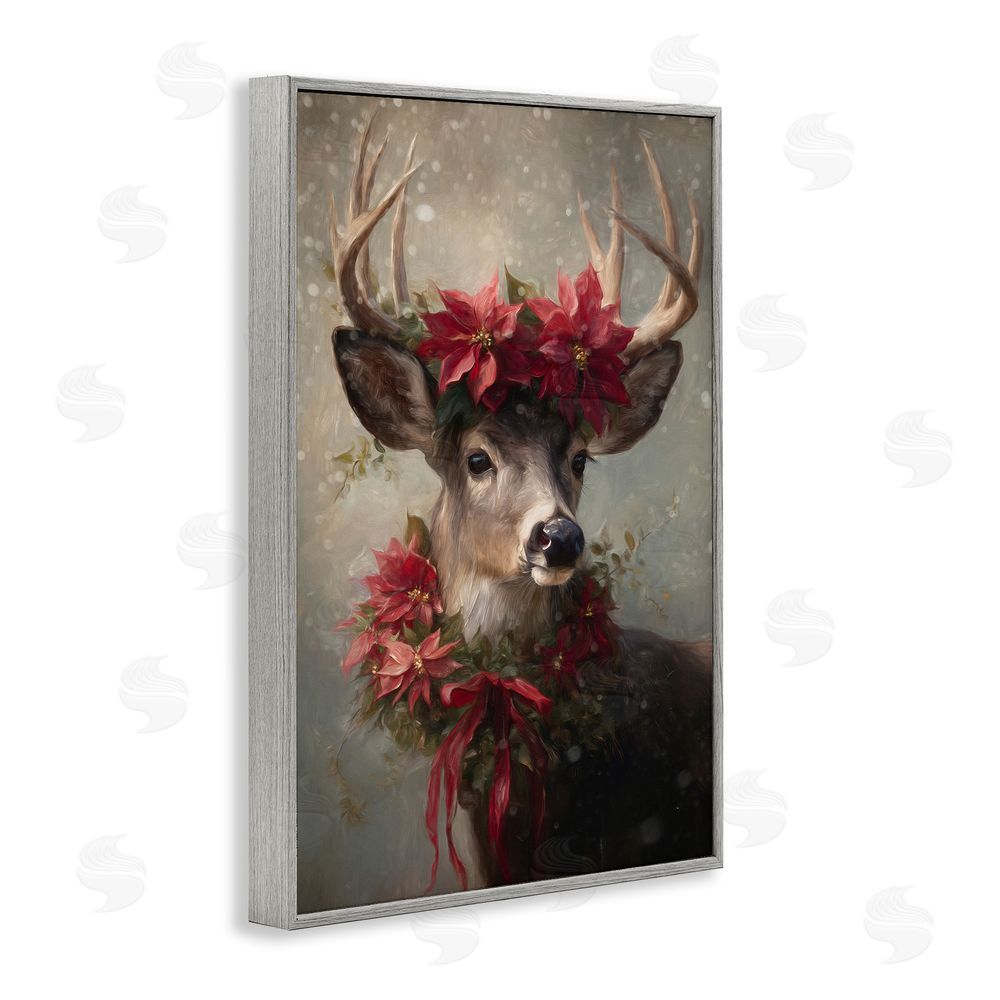 Tina LeCour Poinsettia Christmas Deer Gray Framed Giclee Wall Art Print