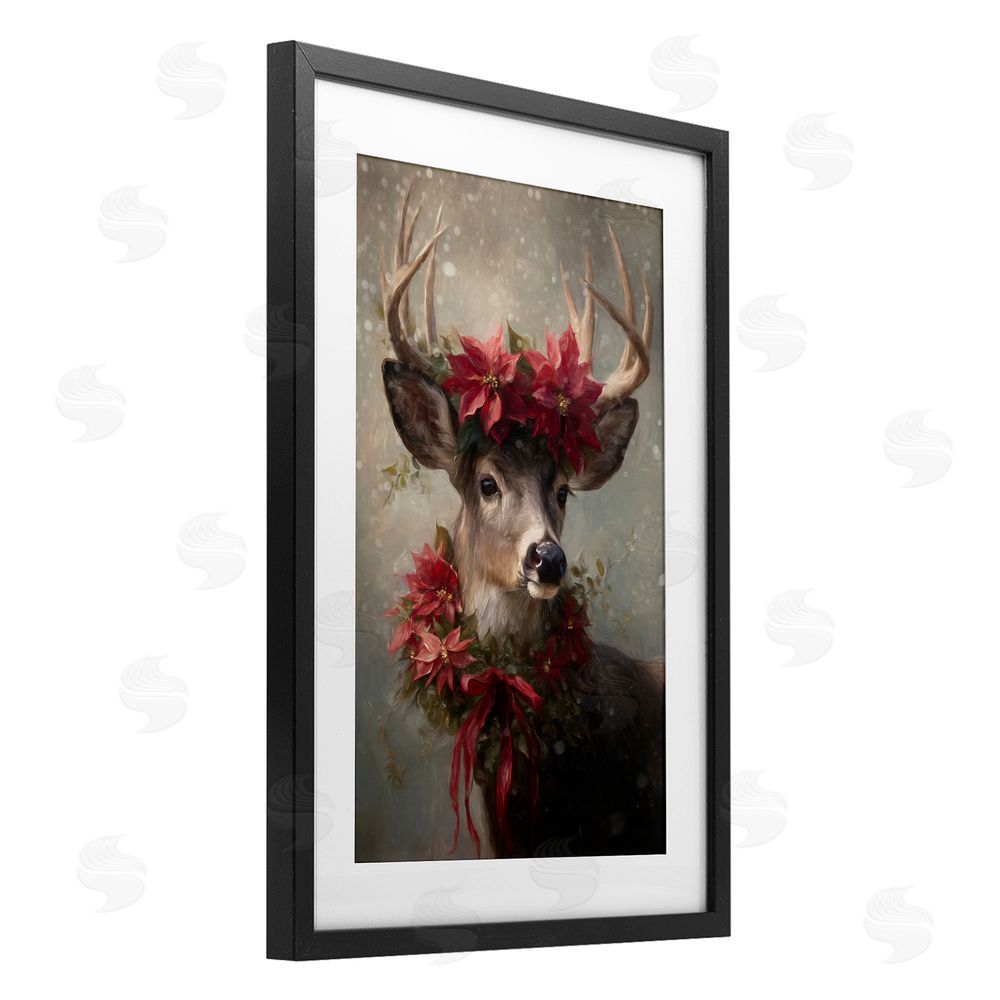 Tina LeCour Poinsettia Christmas Deer Black Framed Print Under Glass Wall Art