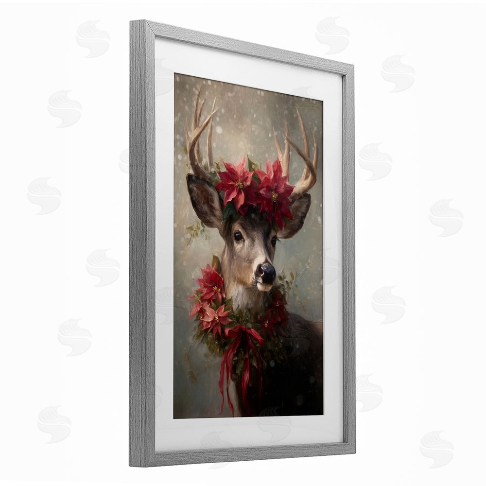 Tina LeCour Poinsettia Christmas Deer Gray Framed Print Under Glass Wall Art