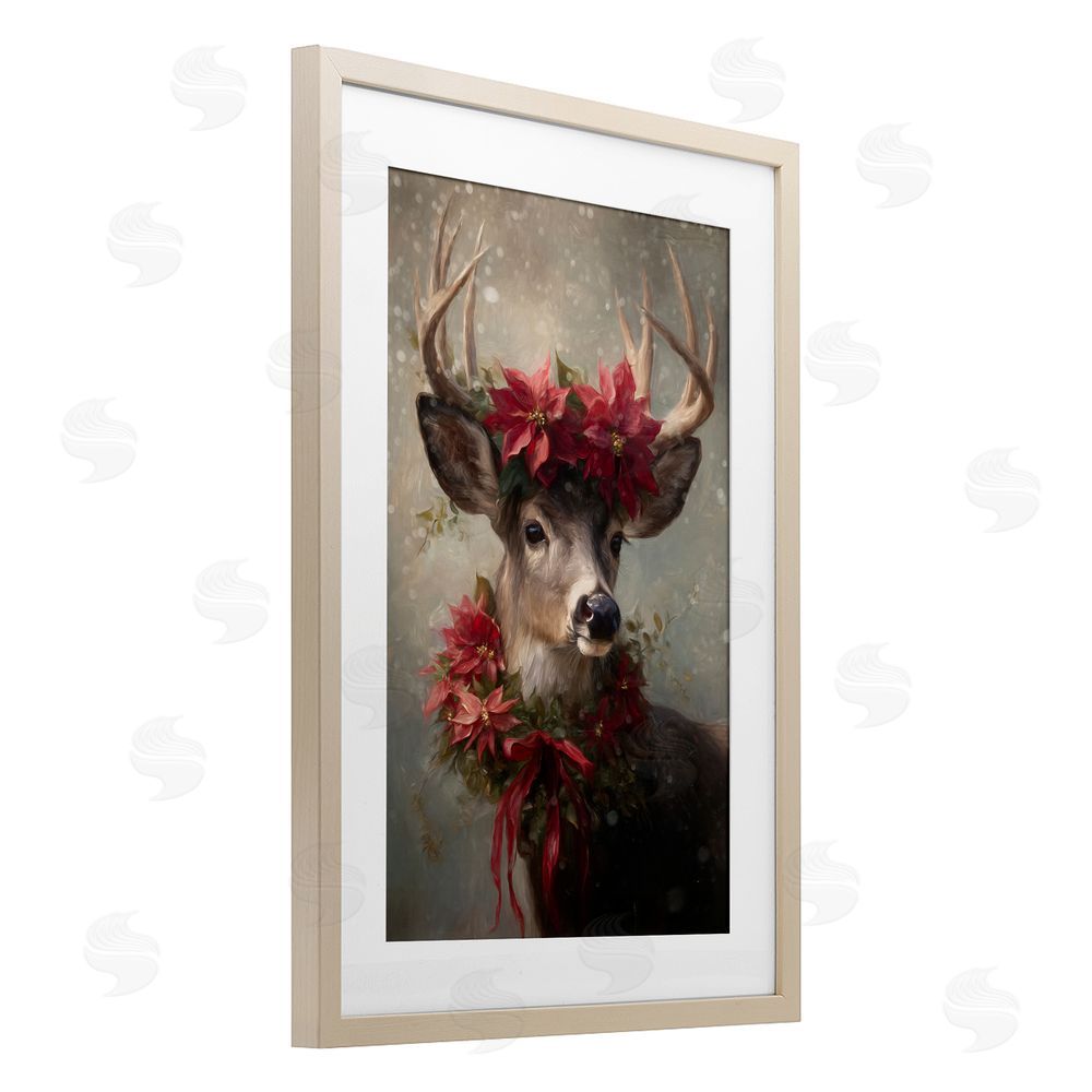 Tina LeCour Poinsettia Christmas Deer Brown Framed Print Under Glass Wall Art