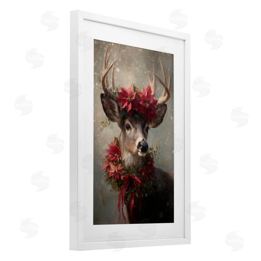 Tina LeCour Poinsettia Christmas Deer White Framed Print Under Glass Wall Art