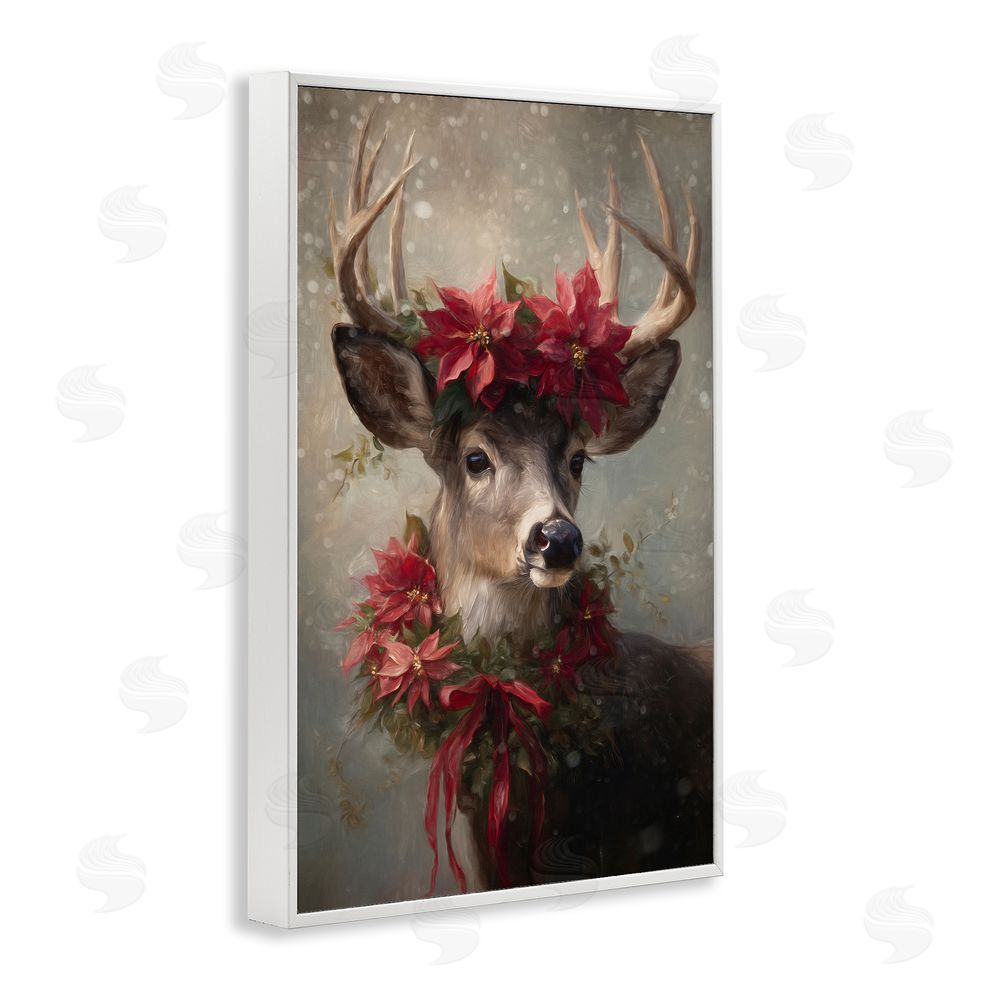 Tina LeCour Poinsettia Christmas Deer White Framed Giclee Wall Art Print