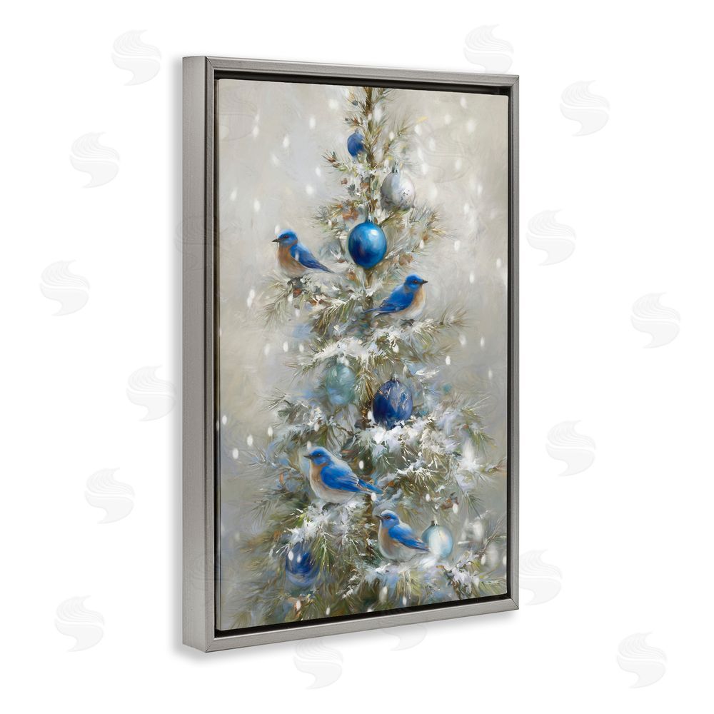 Tina LeCour Blue Bird Christmas Tree Gray Floating Frame Canvas Wall Art Print