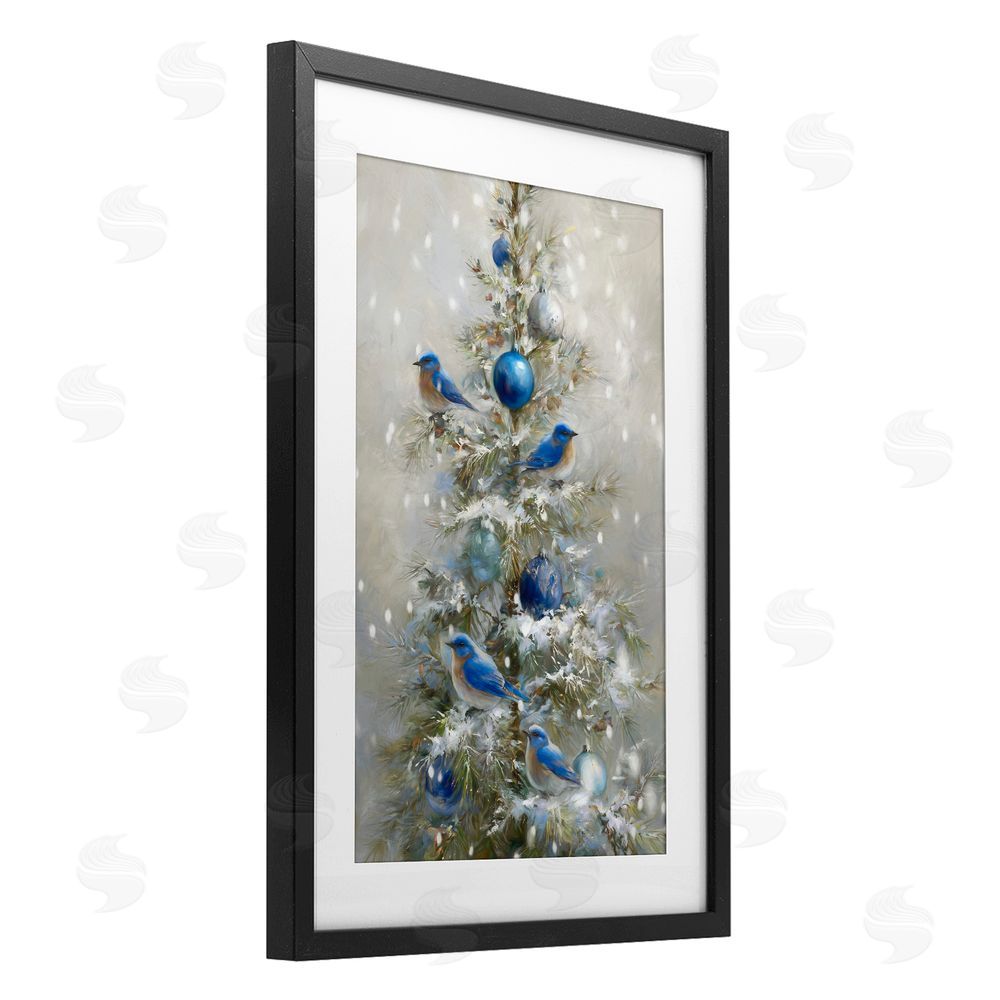 Tina LeCour Blue Bird Christmas Tree Black Framed Print Under Glass Wall Art