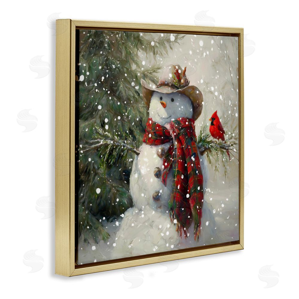 Tina LeCour Cowboy Snowman & Cardinal Gold Floating Frame Wall Art Print