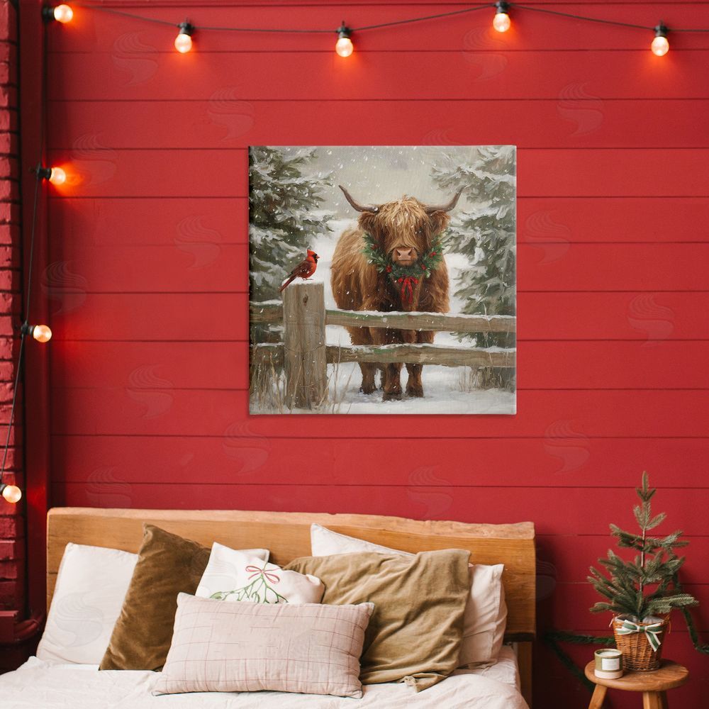 Tina LeCour Christmas Cow & Cardinal Stretched Canvas Wall Art in Room