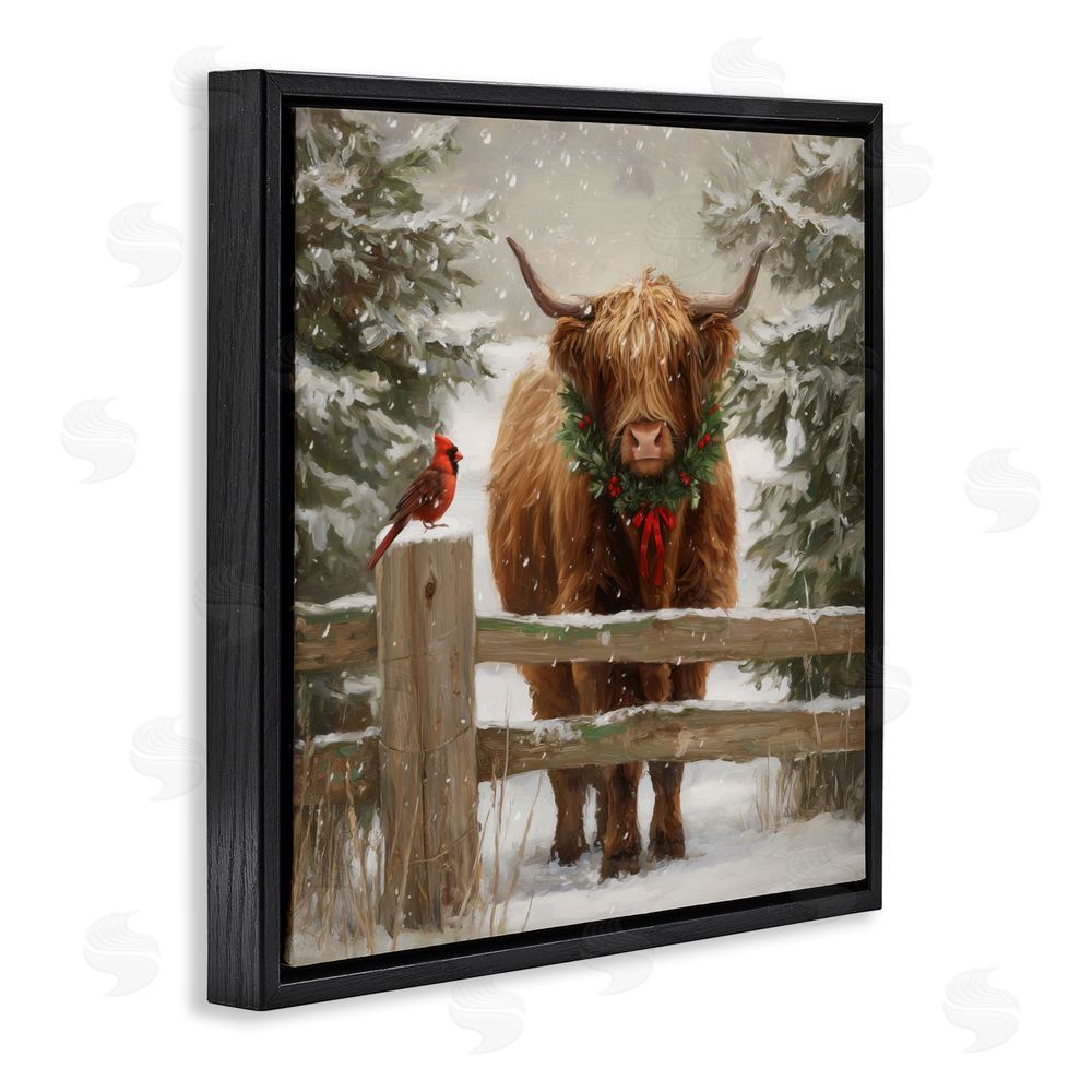 Tina LeCour Christmas Cow & Cardinal Black Floating Frame Canvas Wall Art Print