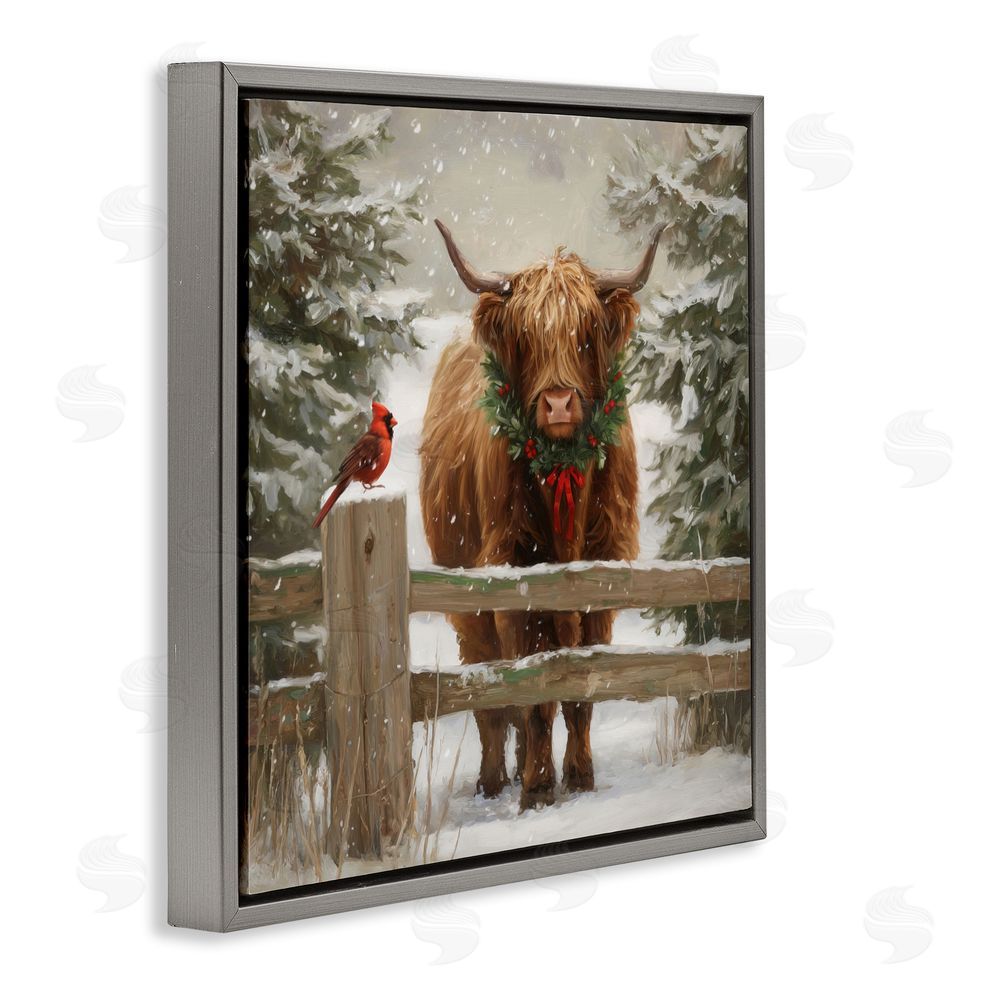 Tina LeCour Christmas Cow & Cardinal Gray Floating Frame Canvas Wall Art Print