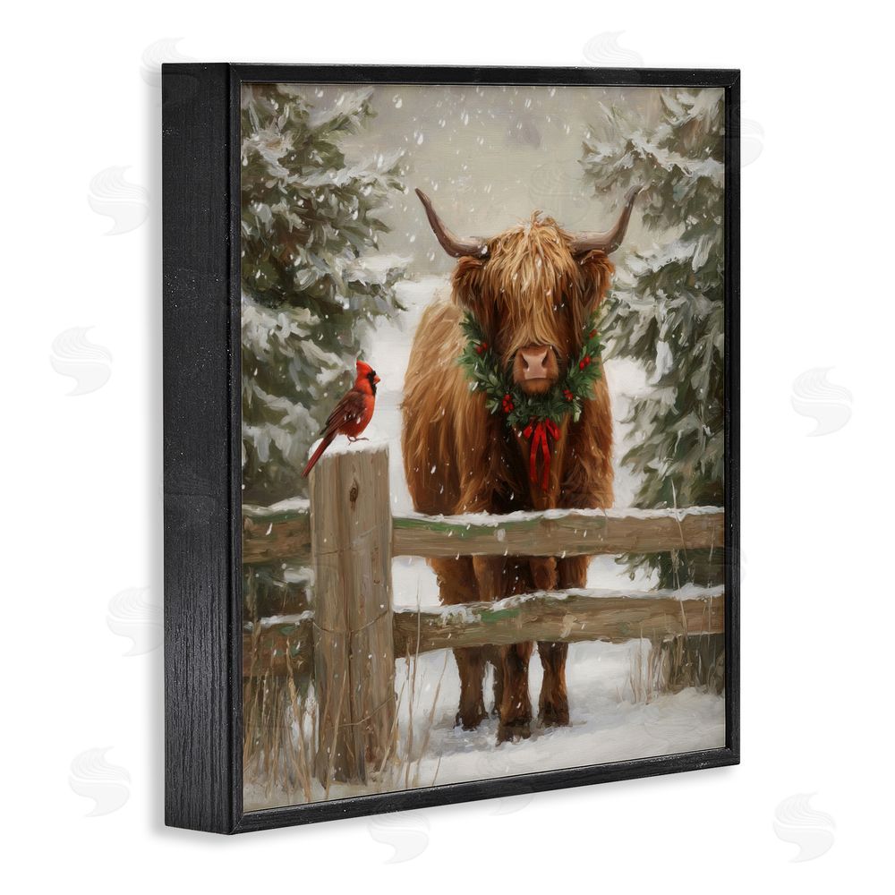 Tina LeCour Christmas Cow & Cardinal Black Framed Giclee Wall Art Print