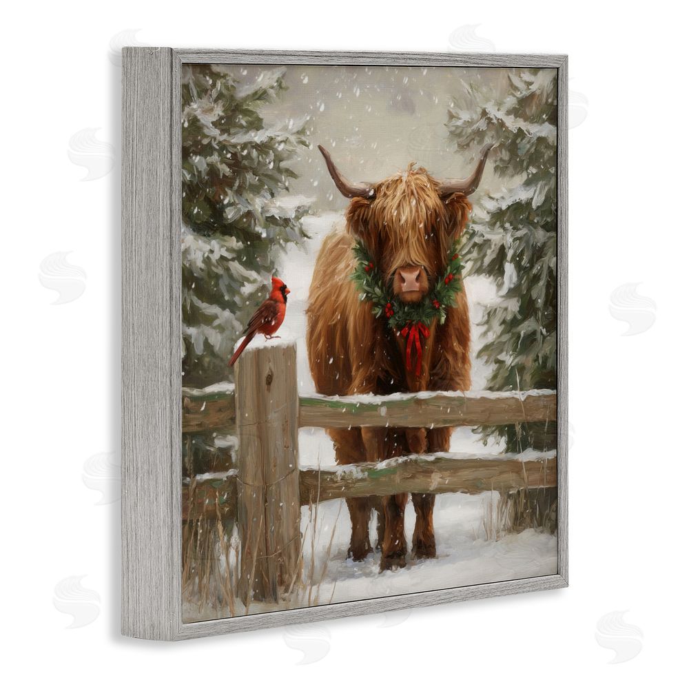 Tina LeCour Christmas Cow & Cardinal Gray Framed Giclee Wall Art Print