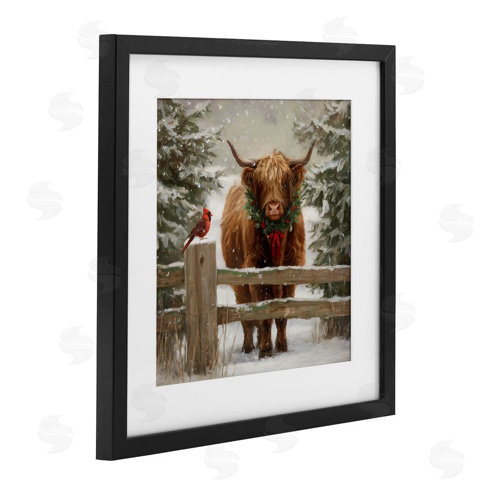 Tina LeCour Christmas Cow & Cardinal Black Framed Print Under Glass Wall Art