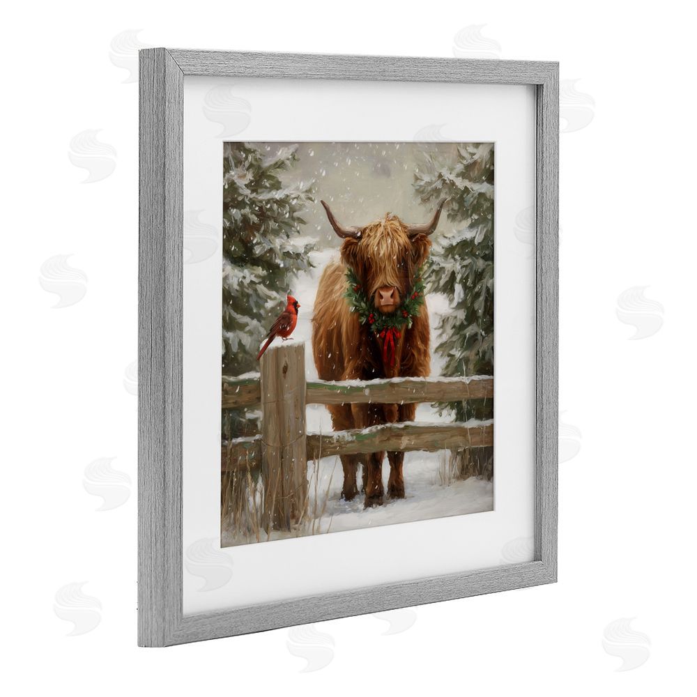 Tina LeCour Christmas Cow & Cardinal Gray Framed Print Under Glass Wall Art