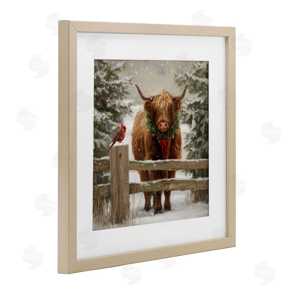 Tina LeCour Christmas Cow & Cardinal Birch Framed Print Under Glass Wall Art