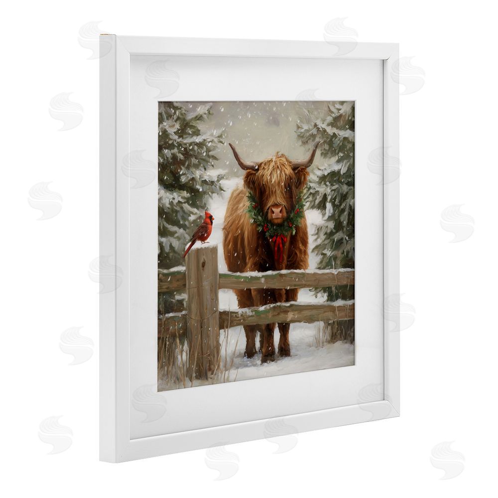 Tina LeCour Christmas Cow & Cardinal White Framed Print Under Glass Wall Art