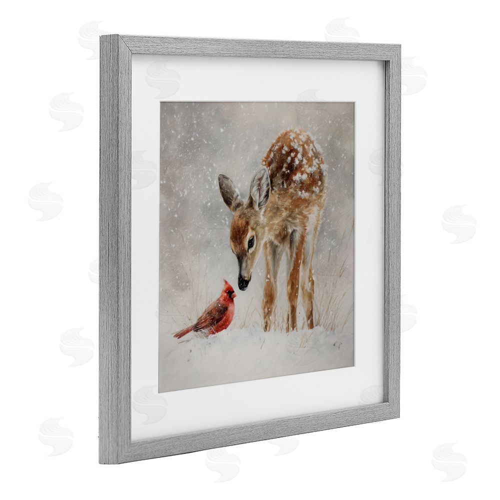 Tina LeCour Little Fawn & The Cardinal Gray Framed Print Under Glass with Mat Wall Art