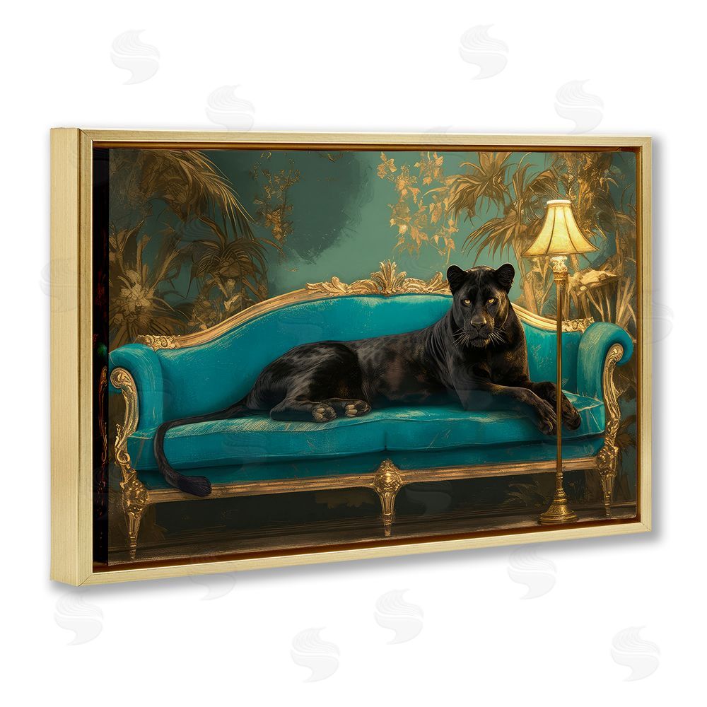 Tina LeCour Exotic Lounging Panther Gold Floating Frame Canvas Wall Art