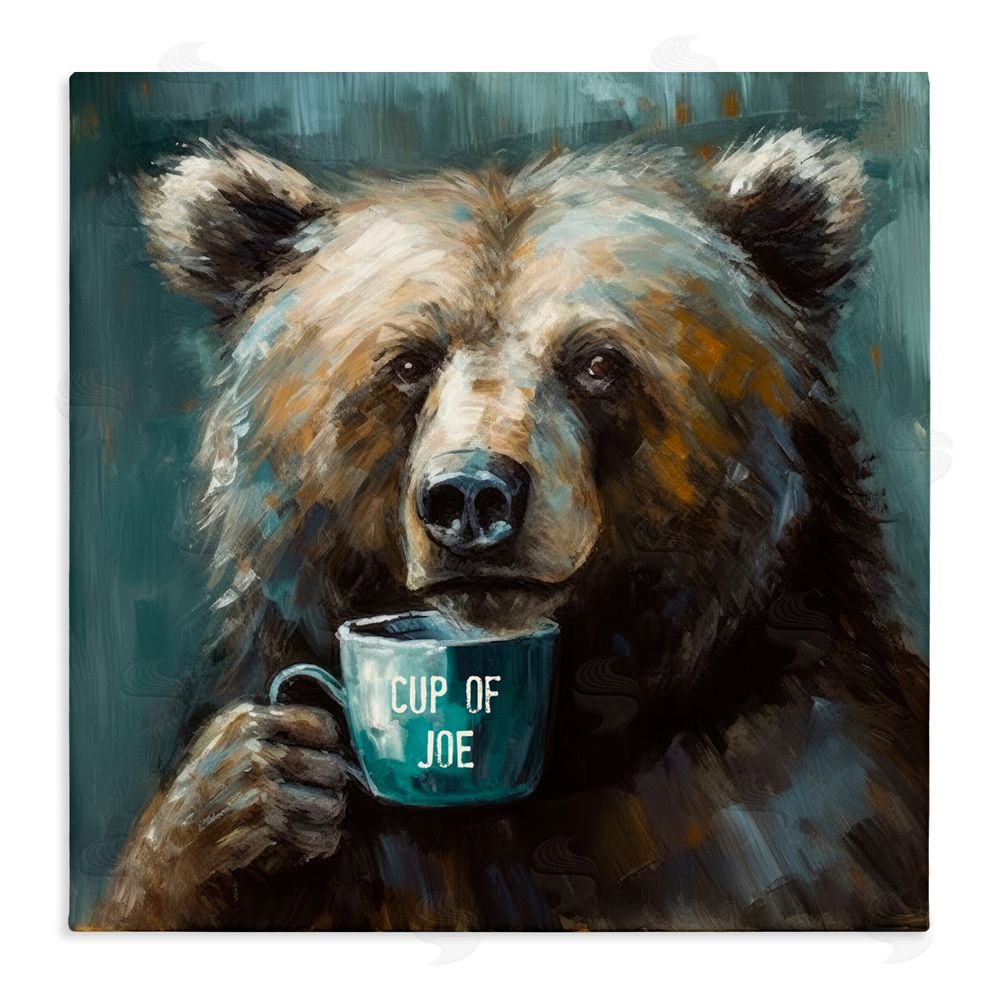 Tina LeCour Bear with Cup Of Joe Stretched Canvas Wall Art Print