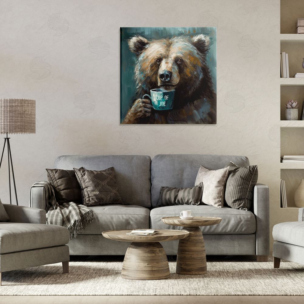 Tina LeCour Bear with Cup Of Joe Stretched Canvas Wall Art in Room