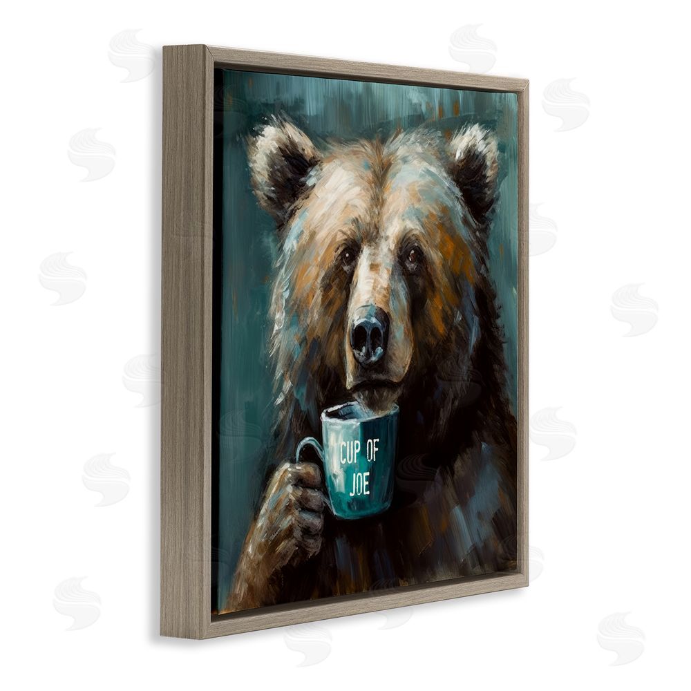 Tina LeCour Bear with Cup Of Joe Brown Floating Frame Canvas Wall Art Print