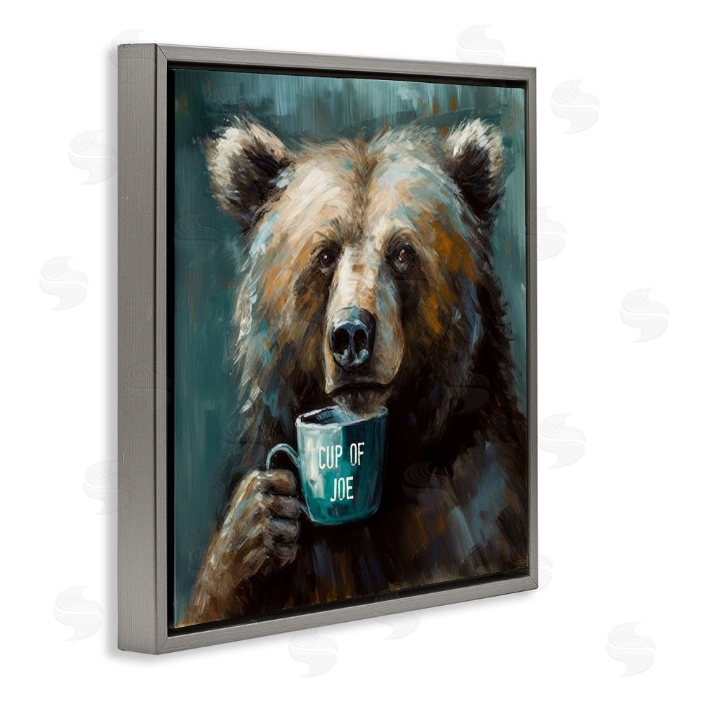 Tina LeCour Bear with Cup Of Joe Gray Floating Frame Canvas Wall Art Print