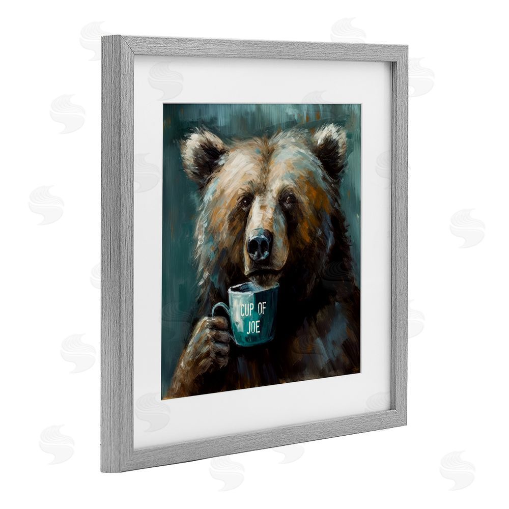 Tina LeCour Bear with Cup Of Joe Gray Framed Print Under Glass Wall Art