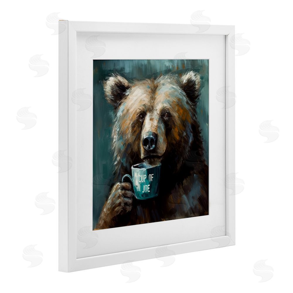 Tina LeCour Bear with Cup Of Joe White Framed Print Under Glass Wall Art