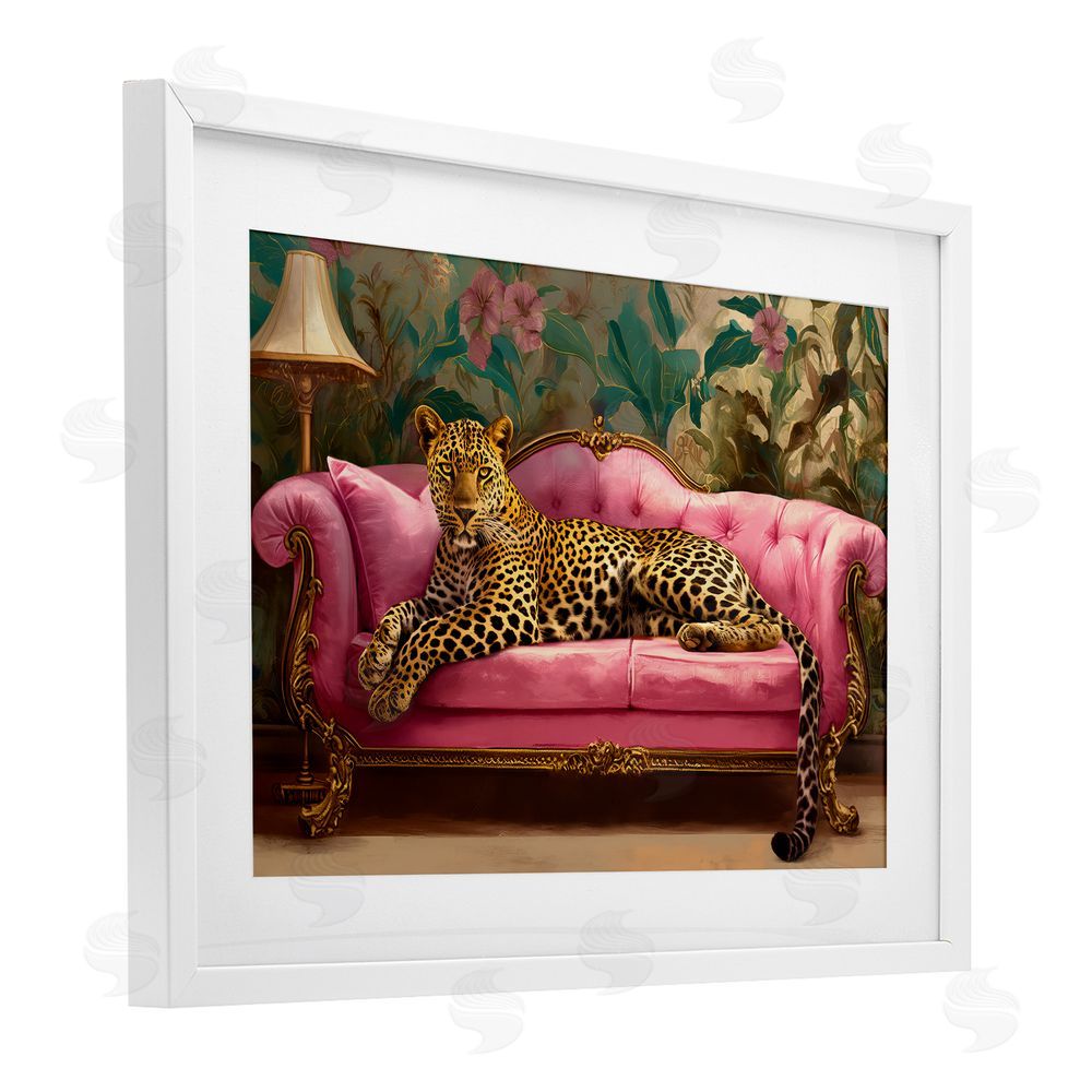 Tina LeCour Exotic Lounging Leopard White Framed Print Under Glass with Mat Wall Art