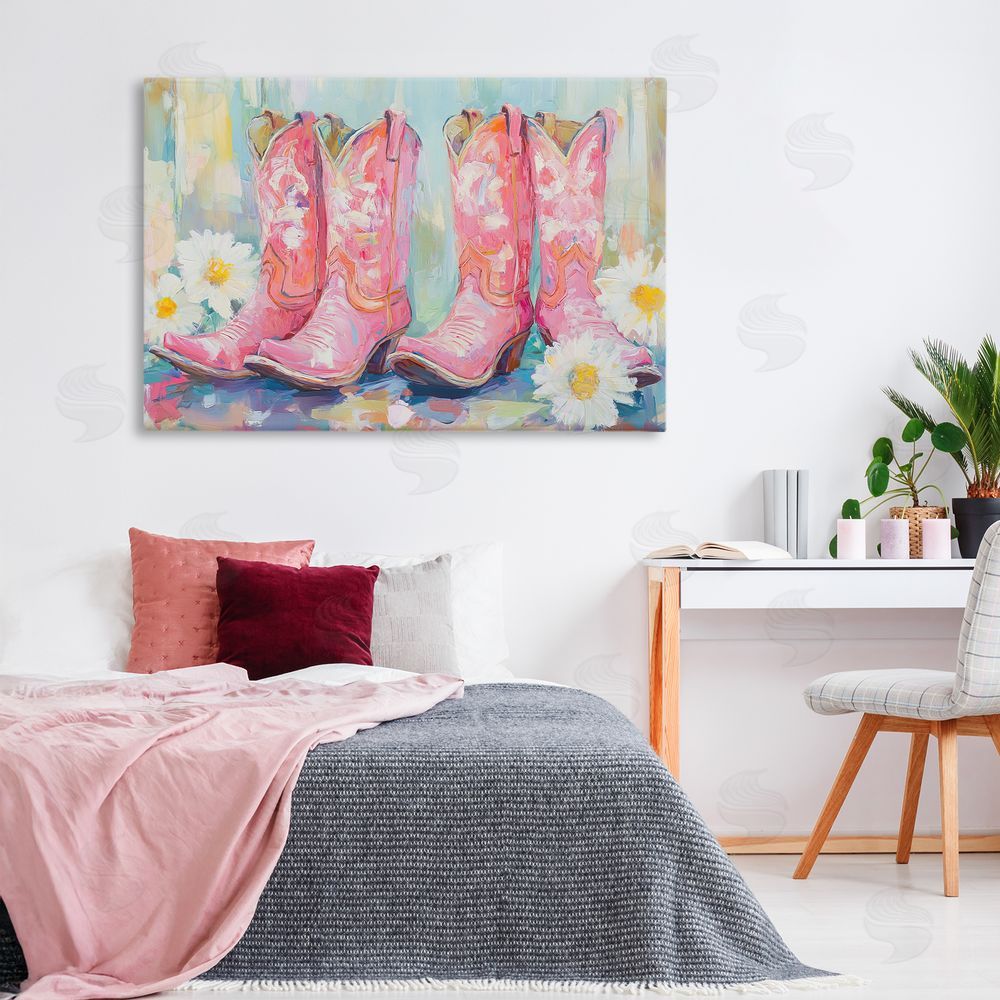 Tina LeCour Pink Cowgirl Boots Pairs Stretched Canvas Wall Art Print in Room