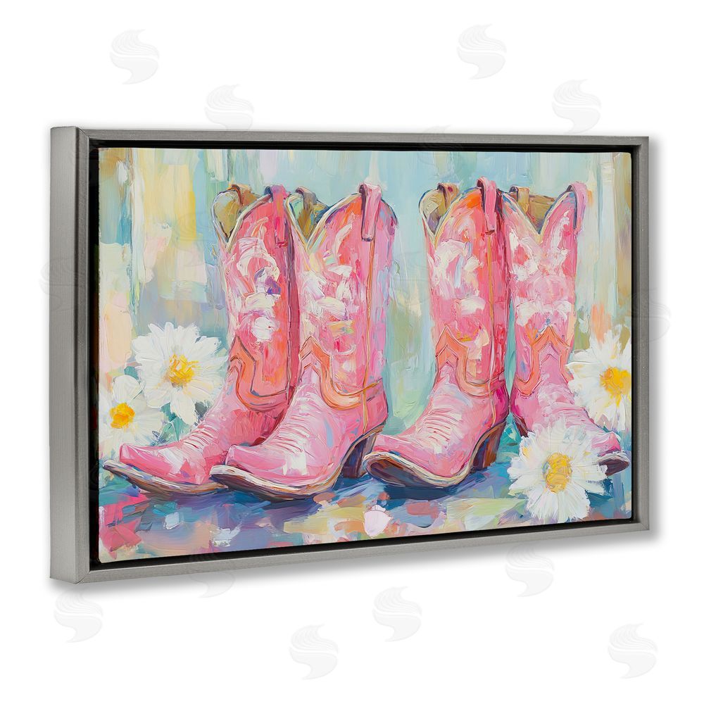 Tina LeCour Pink Cowgirl Boots Pairs Gray Floating Frame Canvas Wall Art Print