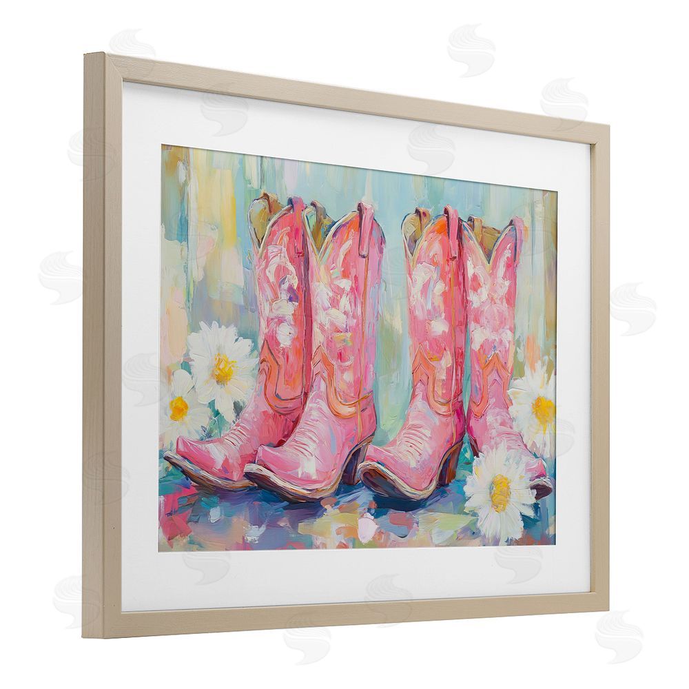 Tina LeCour Pink Cowgirl Boots Pairs Brown Framed Print Under Glass Wall Art
