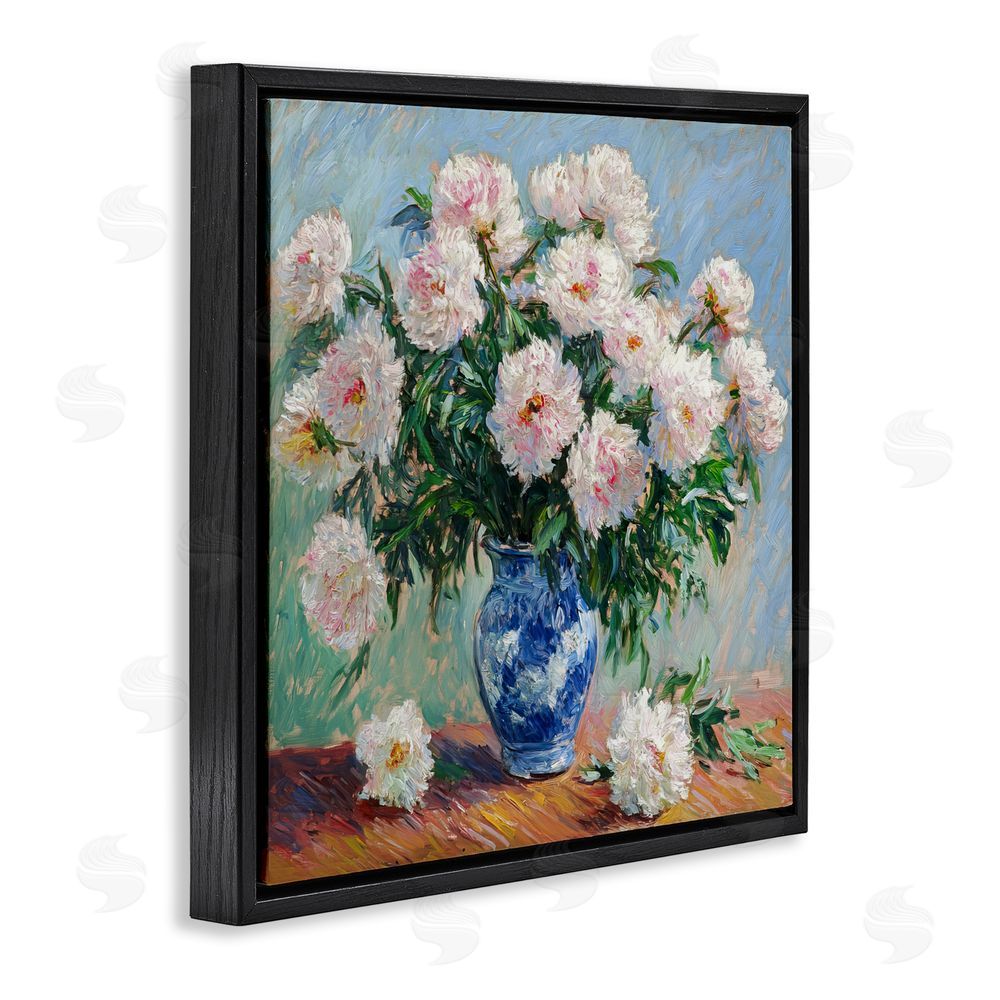 Tina LeCour Peonies in Blue Vase Black Floating Frame Canvas Wall Art Print