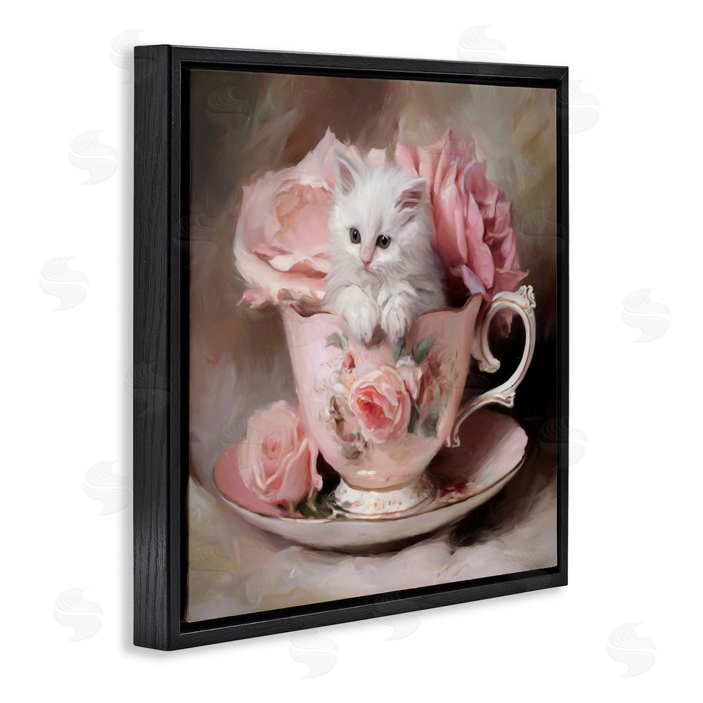 Tina LeCour Little Teacup Kitten Black Floating Frame Canvas Wall Art