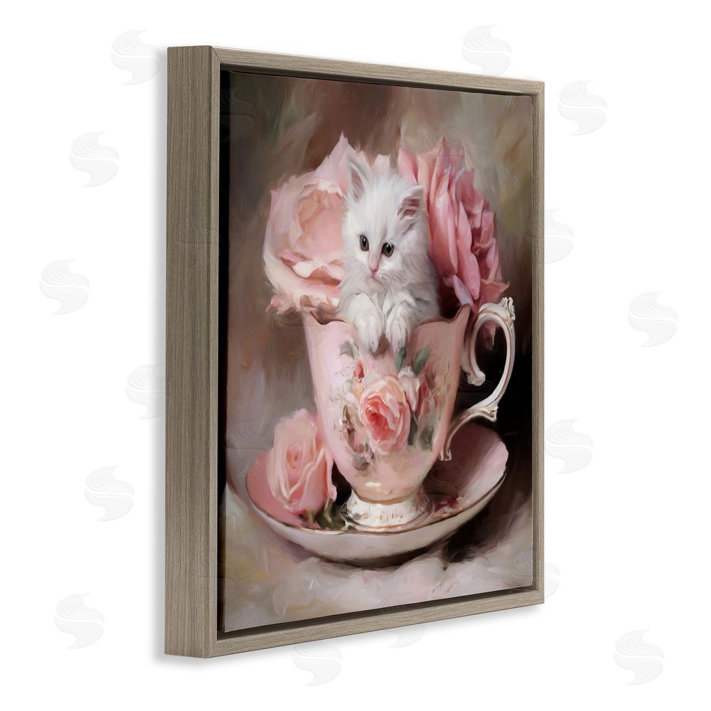 Tina LeCour Little Teacup Kitten Brown Floating Frame Canvas Wall Art