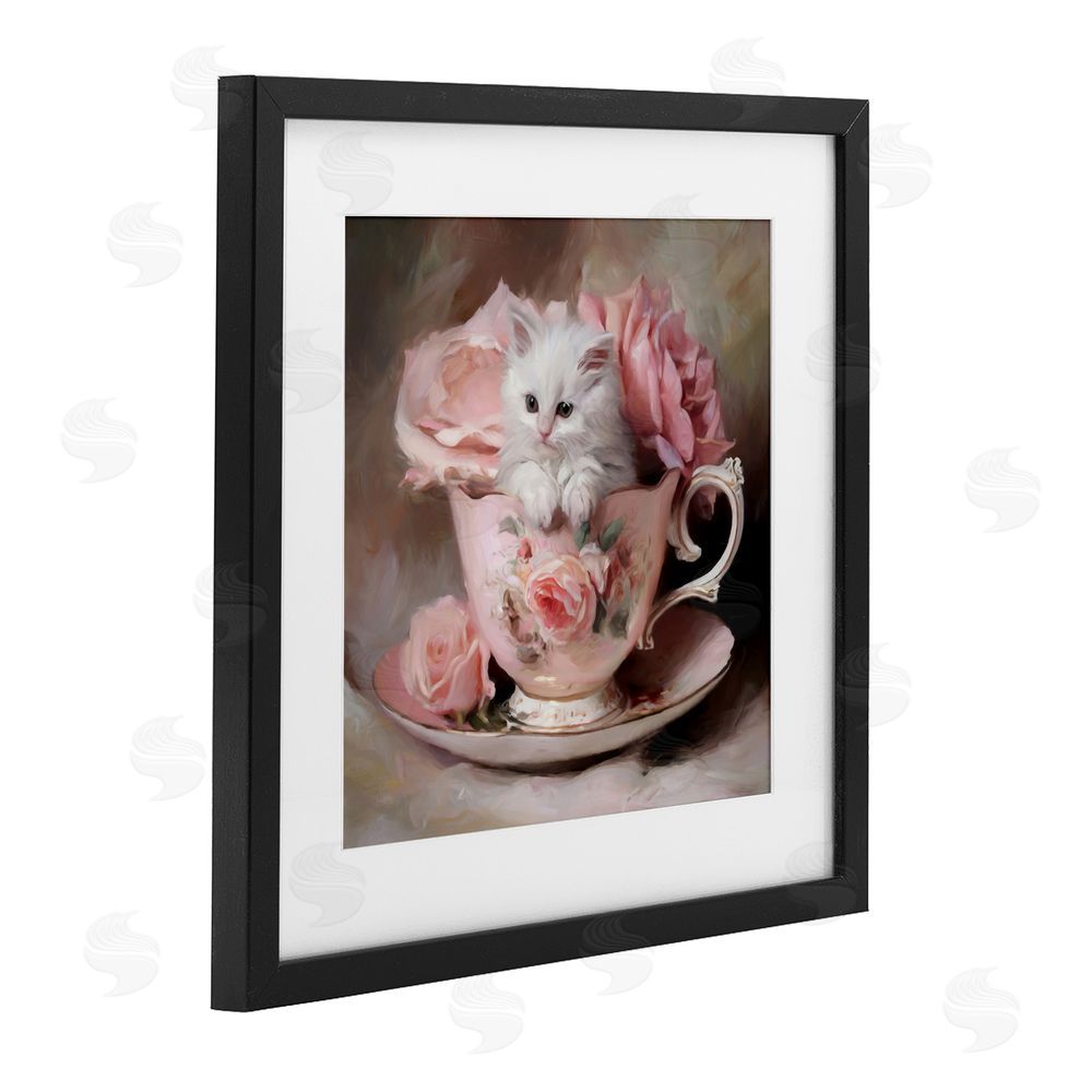 Tina LeCour Little Teacup Kitten Black Framed Print Under Glass with Mat Wall Art