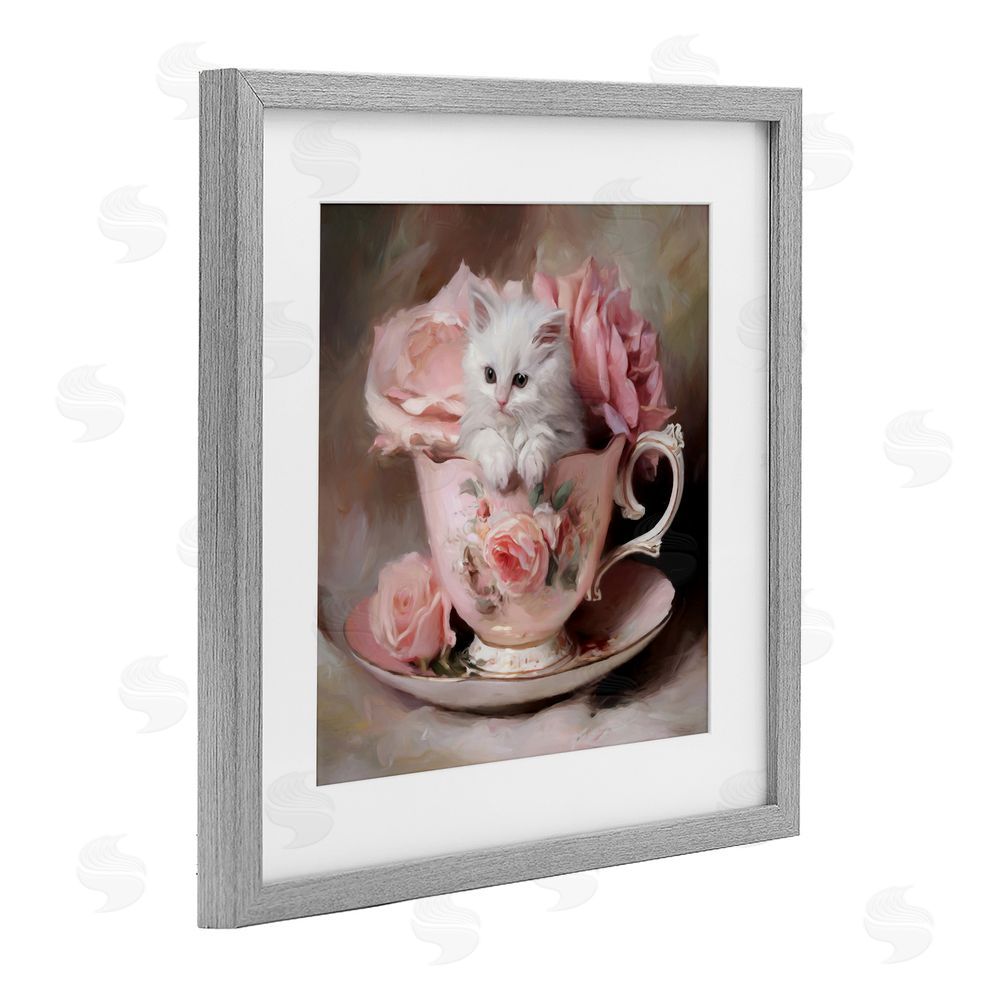 Tina LeCour Little Teacup Kitten Gray Framed Print Under Glass with Mat Wall Art