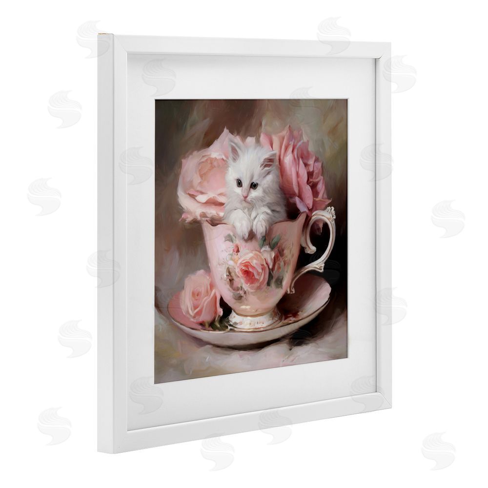Tina LeCour Little Teacup Kitten White Framed Print Under Glass with Mat Wall Art