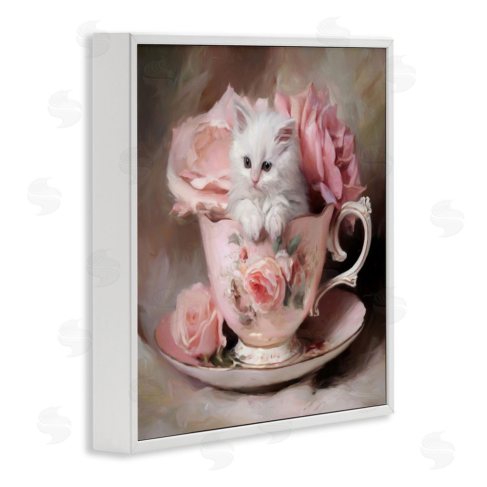 Tina LeCour Little Teacup Kitten White Framed Giclee Wall Art Print
