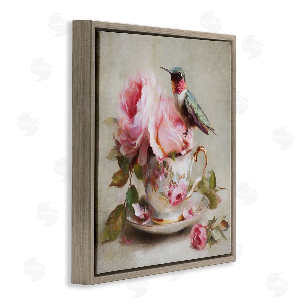 Tina LeCour Hummingbird & Tea Cup Brown Floating Frame Canvas Wall Art